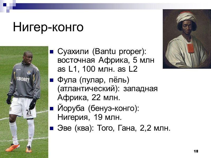 18 Нигер-конго Суахили (Bantu proper): восточная Африка, 5 млн     